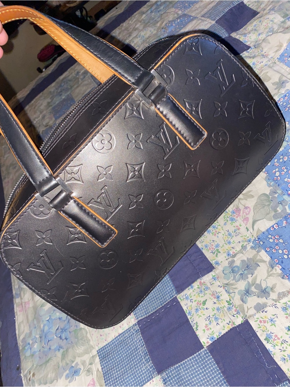 Authentic real Louis Vuitton Black Leather Bag with Tan Trimmed handle